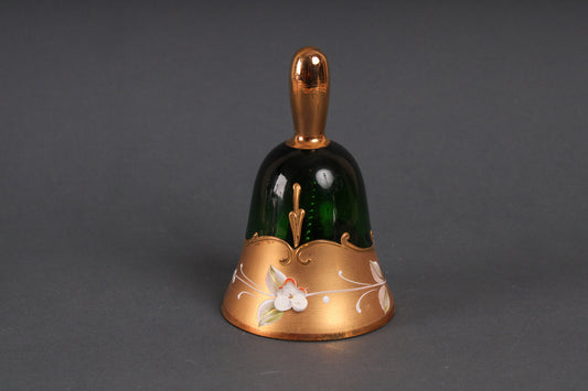 Campanella vintage in semi cristallo verde con lavorazione in oro e porcellana a smalto da collezione, da tavola.