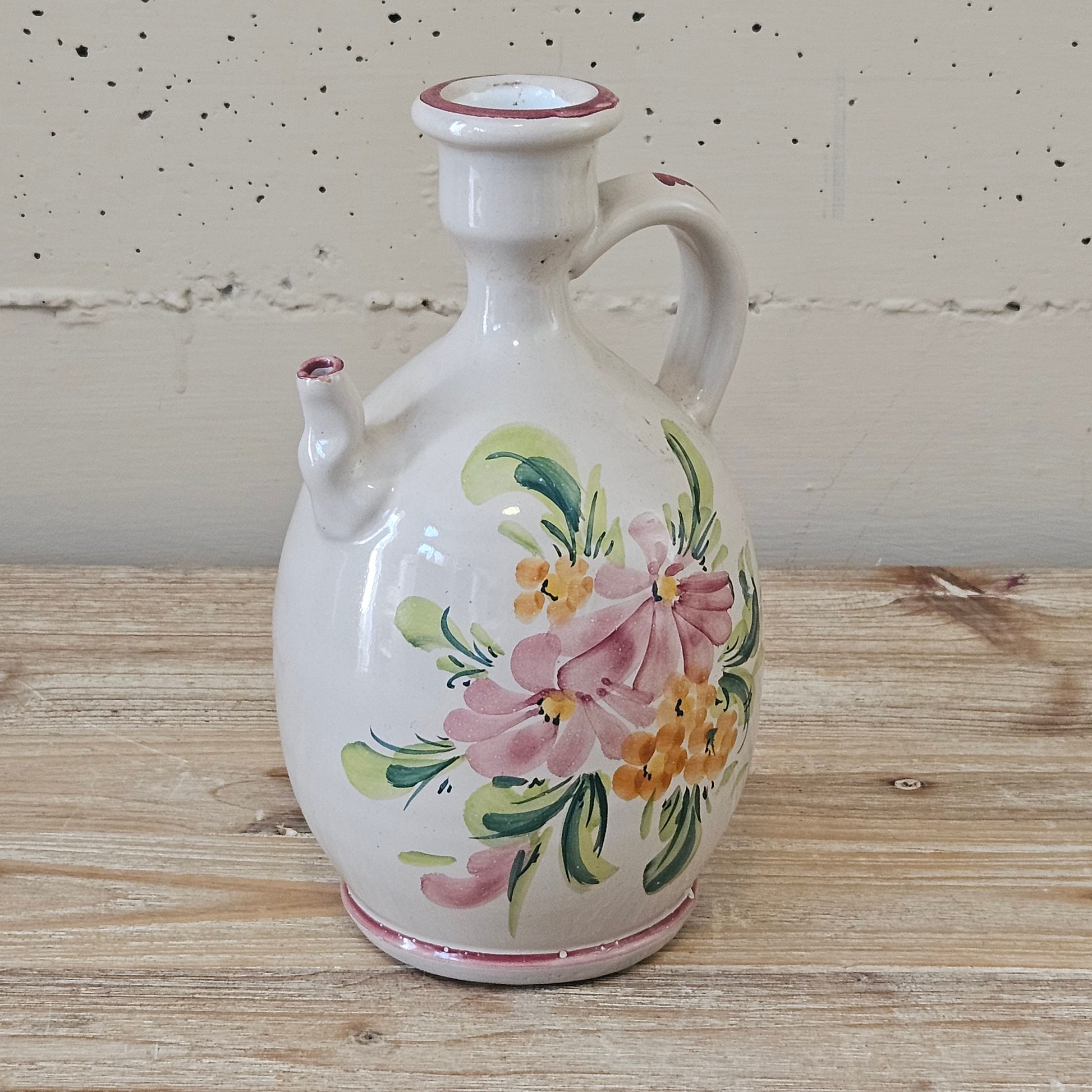Anfora fiaschette tradizionali in ceramica pugliese doppio manico smaltata fatta e decorata a mano maiolica fiori Italia creta