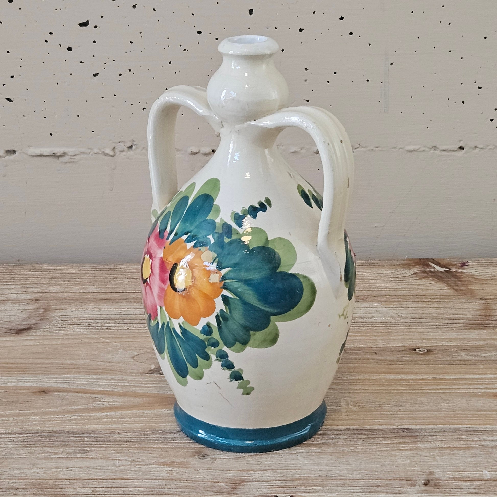 Anfora fiaschette tradizionali in ceramica pugliese doppio manico smaltata fatta e decorata a mano maiolica fiori Italia creta