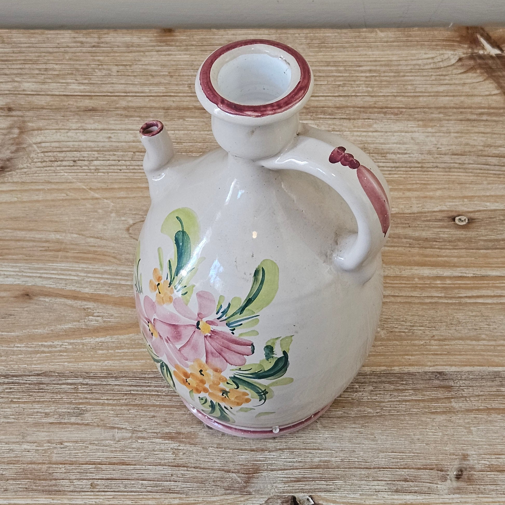 Anfora fiaschette tradizionali in ceramica pugliese doppio manico smaltata fatta e decorata a mano maiolica fiori Italia creta