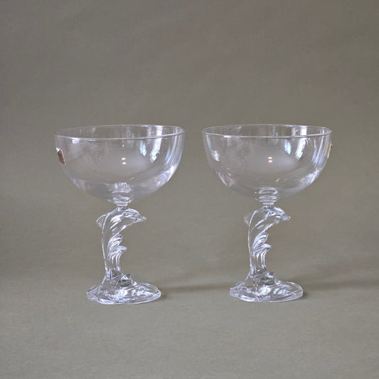 2 BICCHIERI vintage con stelo di delfino per cocktail gelato LUMINARC 1990 vetro